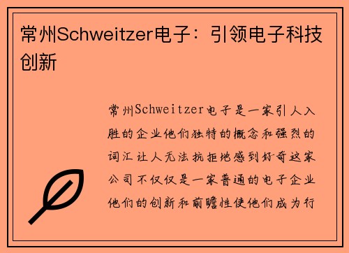 常州Schweitzer电子：引领电子科技创新